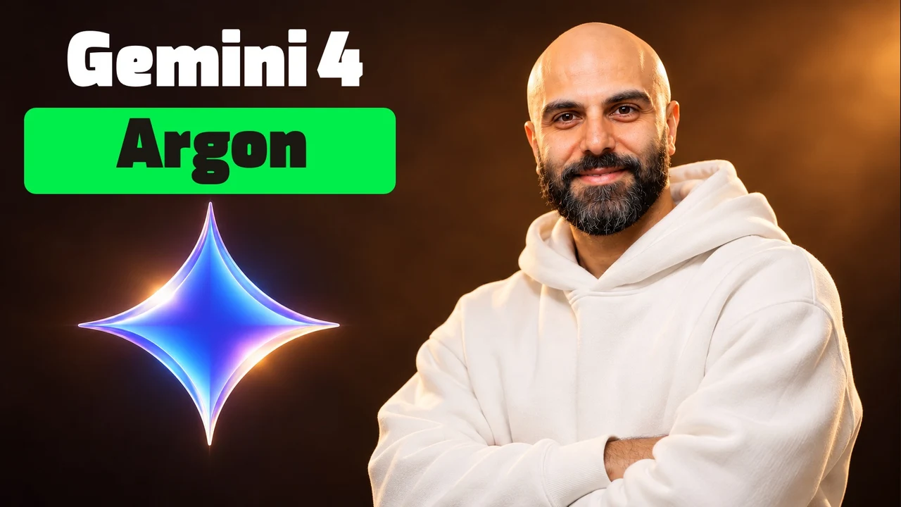 محمد بیباک با هودی سفید اورسایز و دستهای رویهم در سمت راست، نشان Gemini در سمت چپ و تیتر «Gemini 4 Argon» با مستطیل سبز
